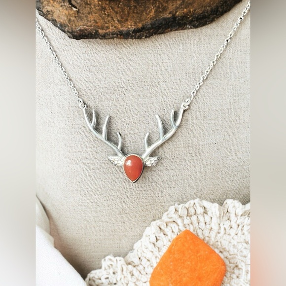 Silver Carnelian Deer Head Necklace - Picture 2 of 4
